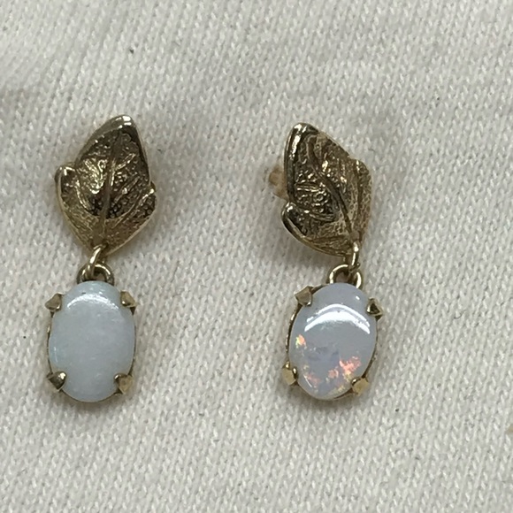 Antique 14k Gold Stud Drop Fire Opal Earrings - Picture 1 of 10